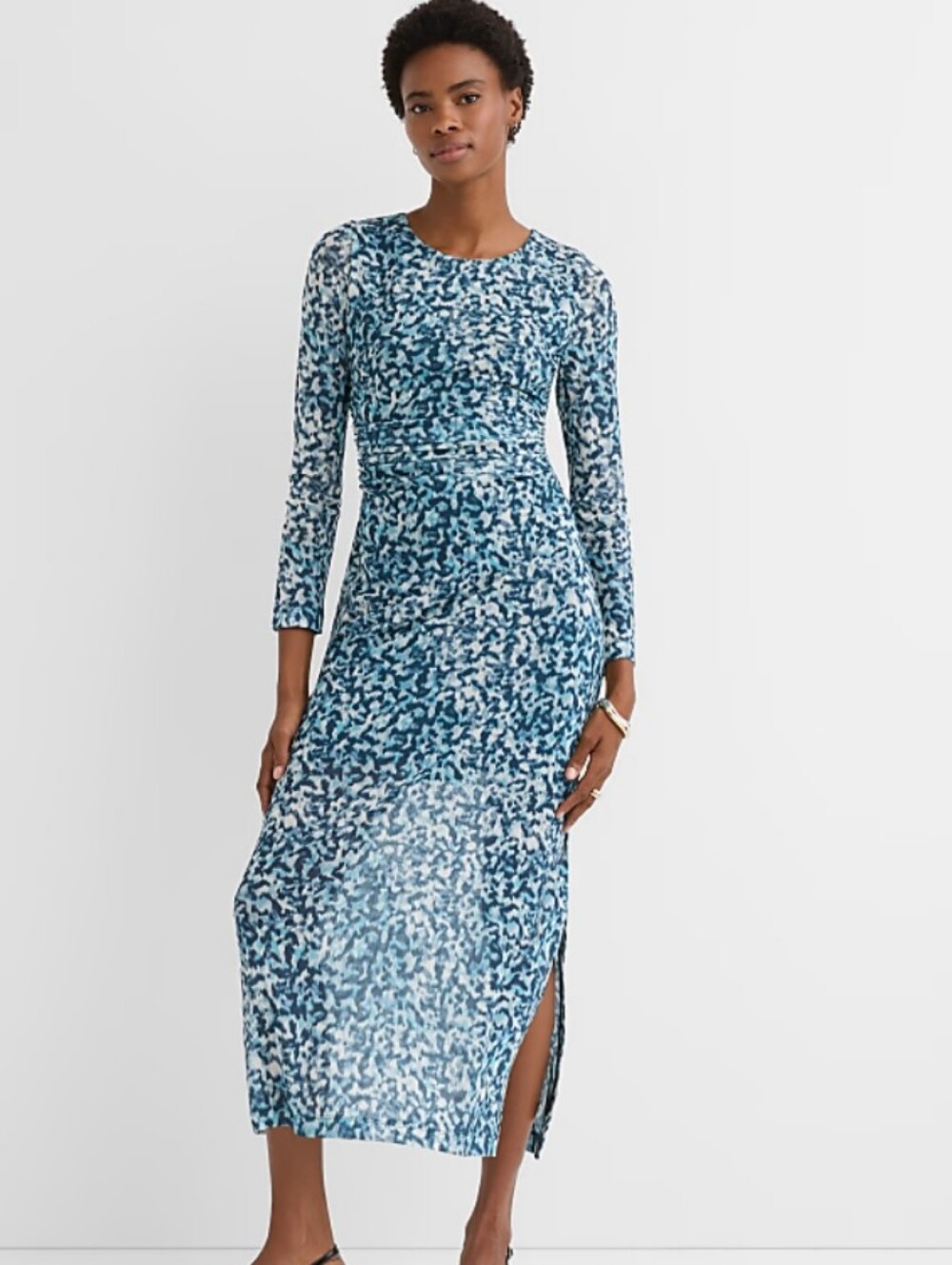LOFT Ruched Side Maxi Dress Blue Abstract Print